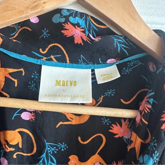 Anthropologie Maeve Monkey Print Blouse Black Safari Orange Pink Floral Top S - Picture 3 of 10